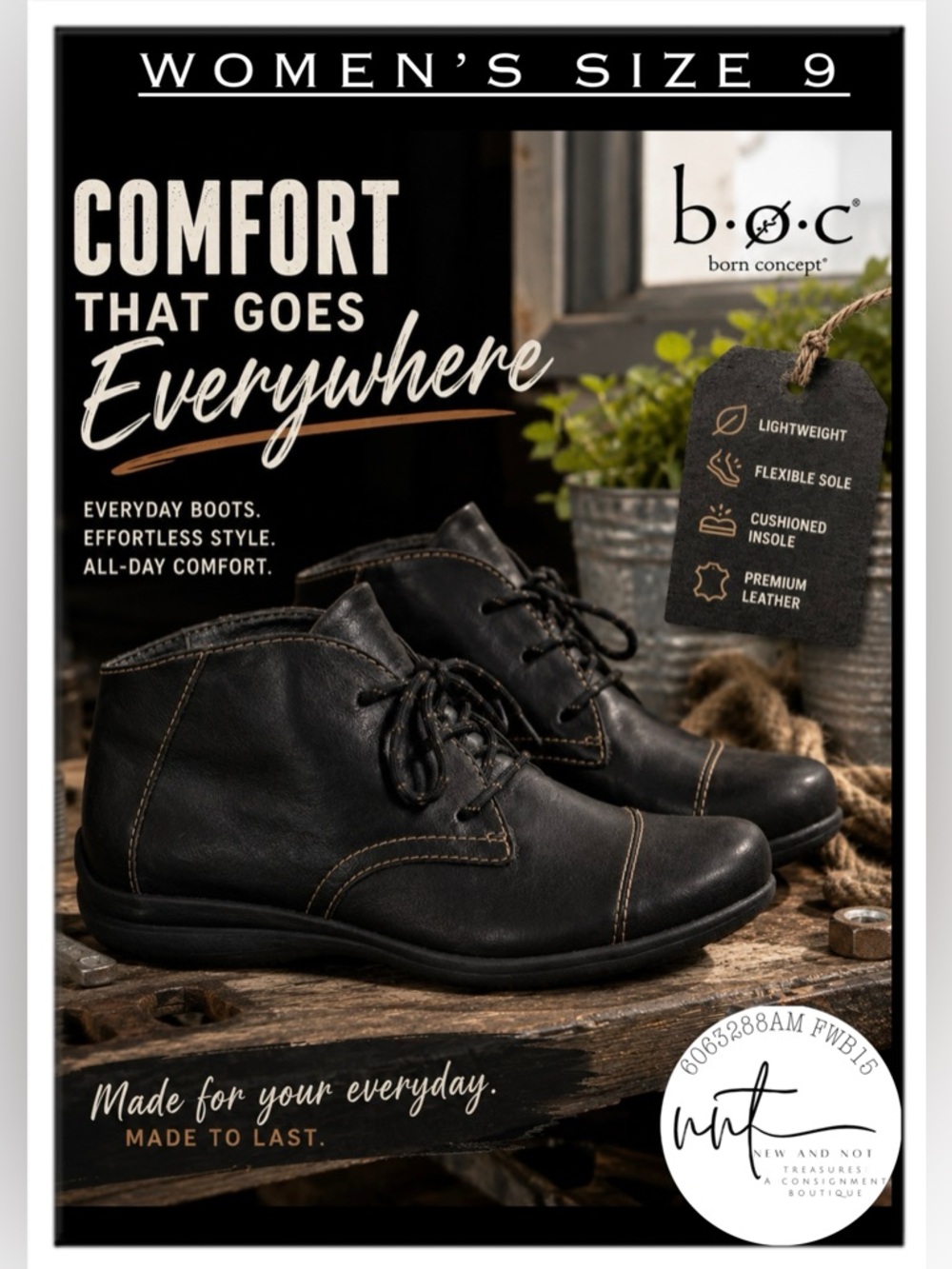 b.o.c. Sabelle Black Leather Chukka Ankle Boots Comfort Shoes Womens 9